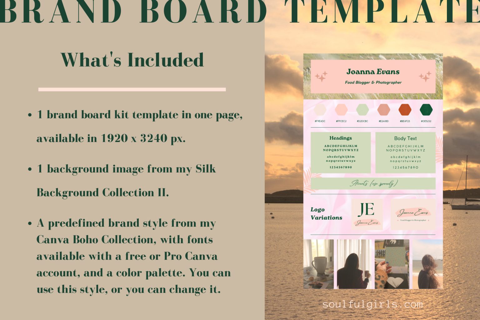 This brand board kit template for Canva includes one page, available in 1920 x 3240 px, one background image from my Silk Background Collection II, and a predefined brand style from my Canva Boho Collection, with fonts available with a free or Pro Canva account, and a color palette. You can use this style, or you can change it.