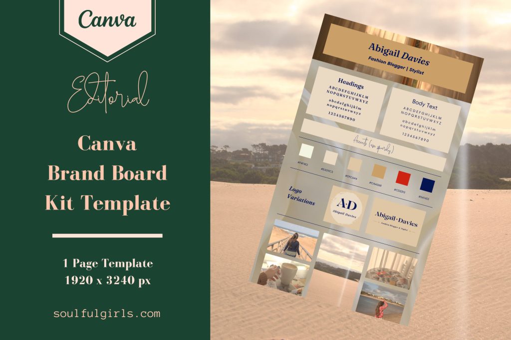 Canva branding board kit template - Editorial collection. This Canva template includes a one page brand board template, available in 1920 x 3240 px. Image of the brand board template.