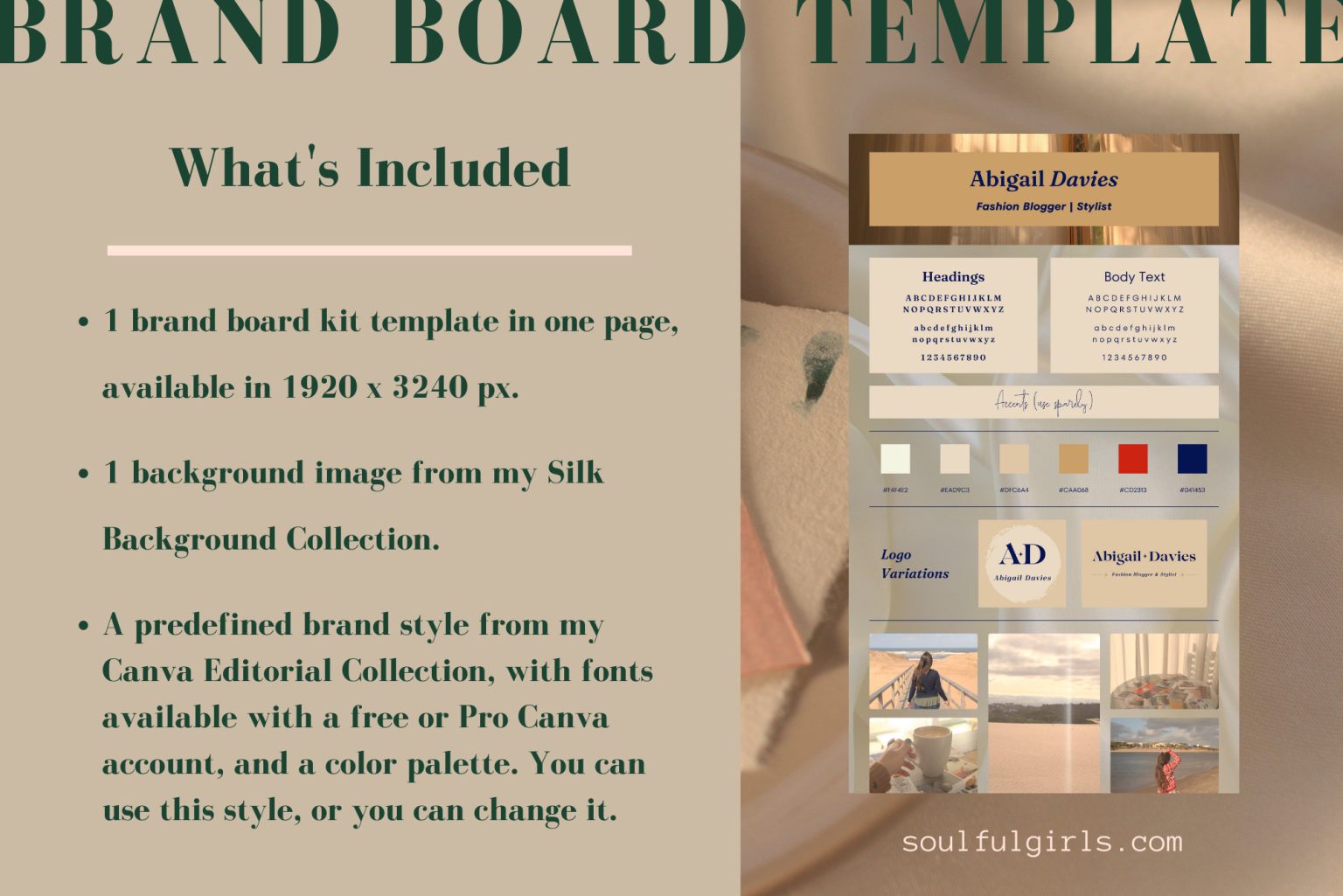 This brand board kit template for Canva includes one page, available in 1920 x 3240 px, one background image from my Silk Background Collection, and a predefined brand style from my Canva Editorial Collection, with fonts available with a free or Pro Canva account, and a color palette. You can use this style, or you can change it. Image of the brand board kit template.