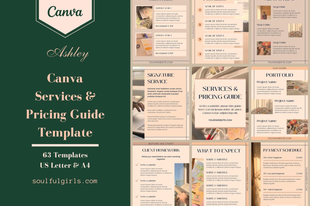 Canva Service And Pricing Guide Template - Ashley. 63 templates, available in US letter and A4 size. Images of some of the pages available in the template.