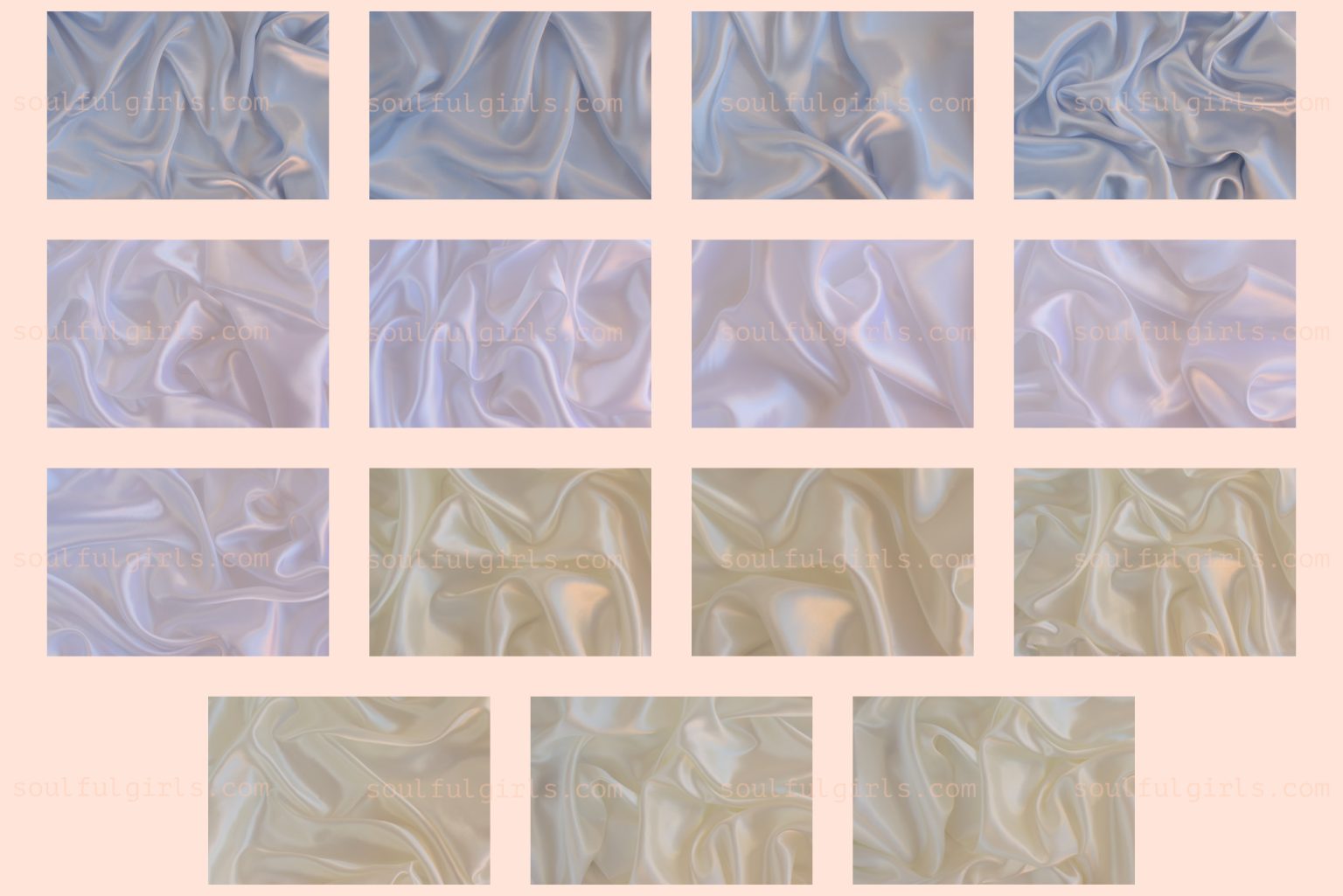 15 silk photography backgrounds in white, silver, and beige colors. Example of the image backgrounds in the bundle.