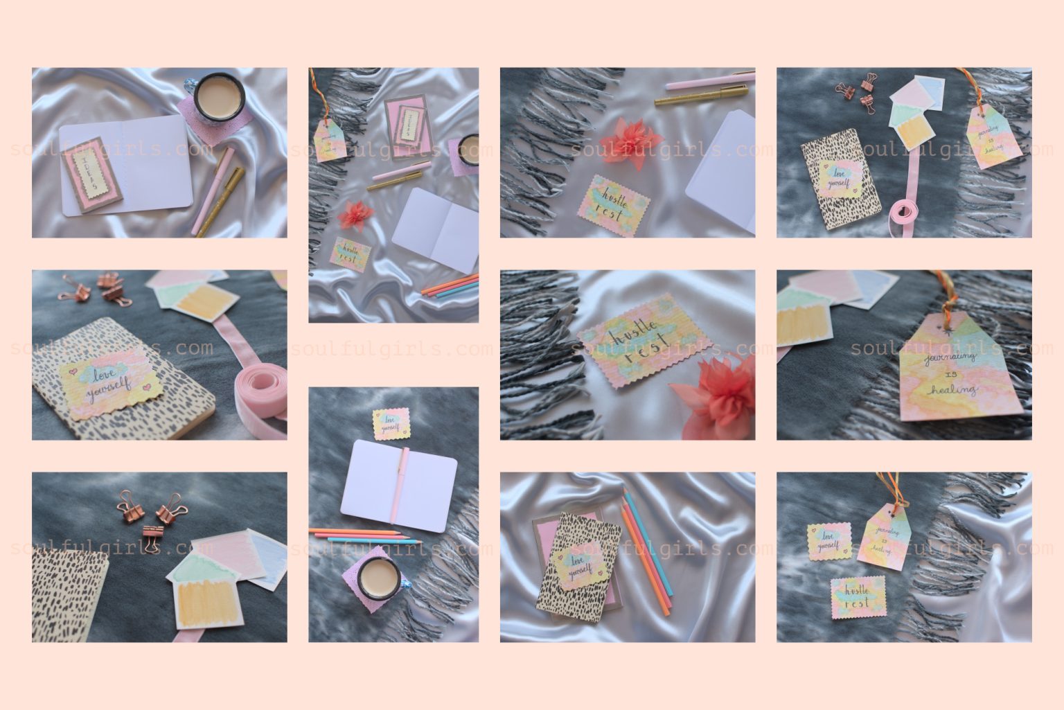 Styled stock photo bundle inspired in journaling. Example of images in the bundle, with hand painted watercolor tags with messages that I created for this collection.
