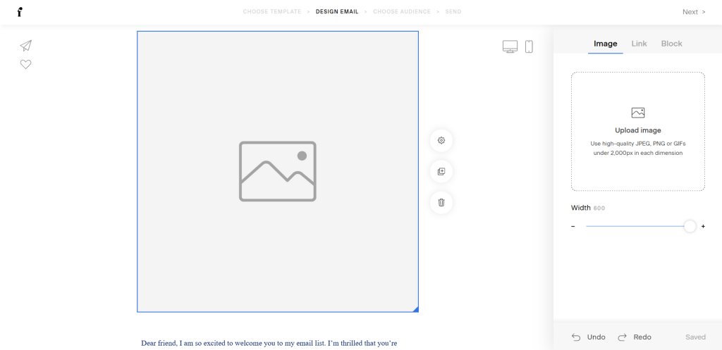 Screenshot of the image block options.