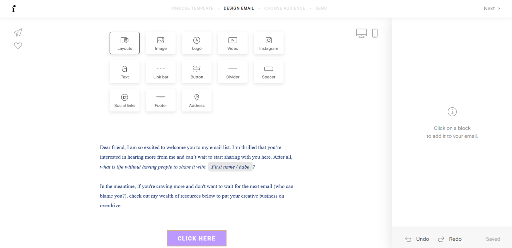 Screenshot of adding a layout block.