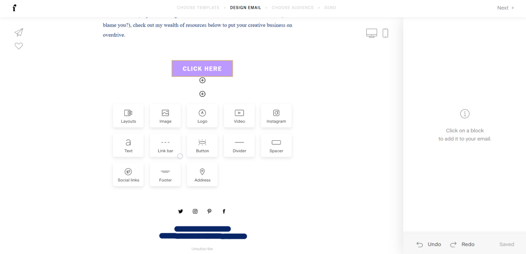Screenshot of adding a layout block to design your email signature.