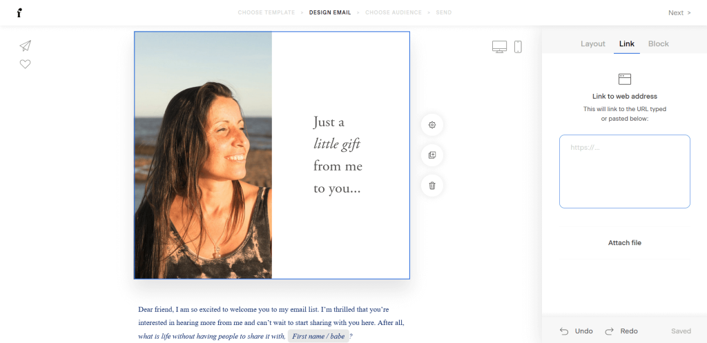 Screenshot of adding a link to the layout.