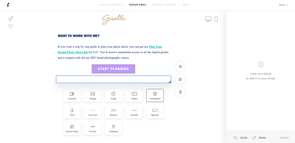Screenshot of adding the Instagram block.