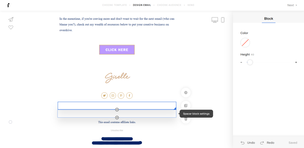 Screenshot of adding two spacers in the email footer.