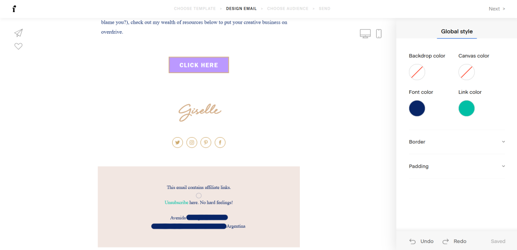 Screenshot of changing the color of any link in your emails.