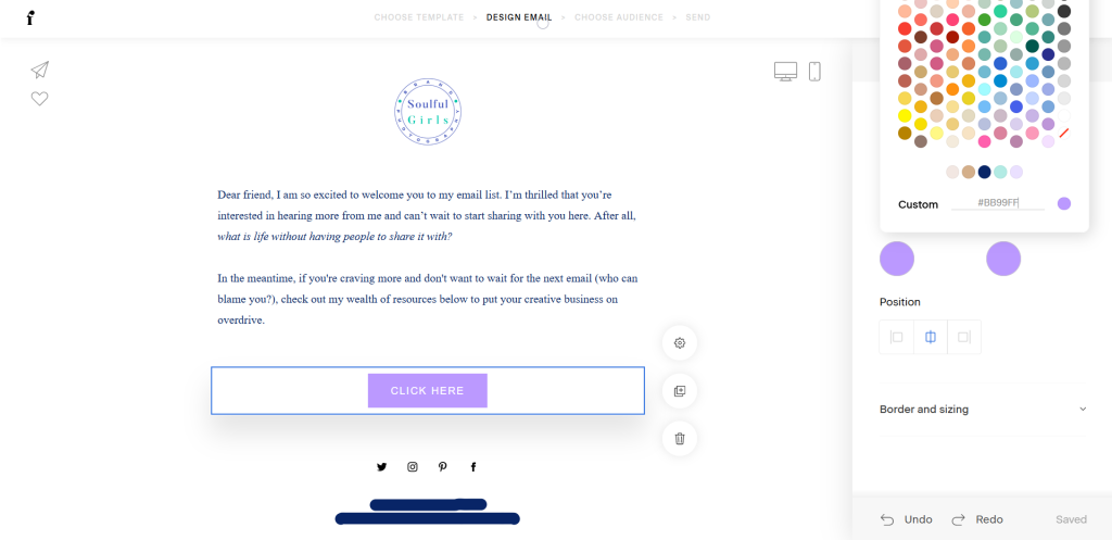 Screenshot of changing the fill and border colors of a button.
