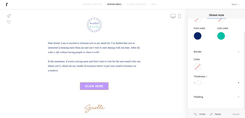 Screenshot of changing the global style of your emails.