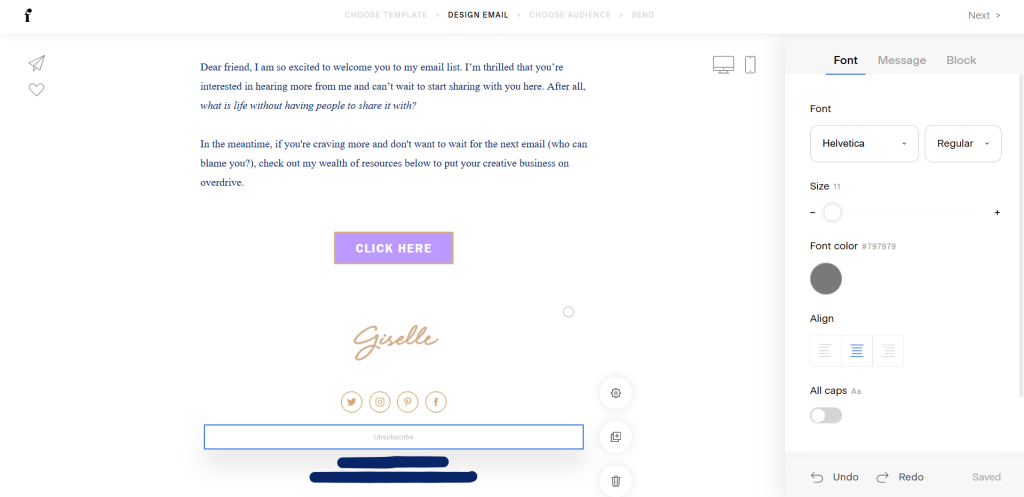 Screenshot of changing the position of the unsubscribe block.