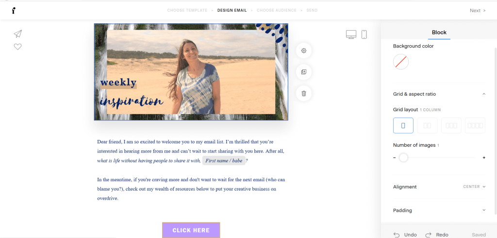 Screenshot of customizing the image block.