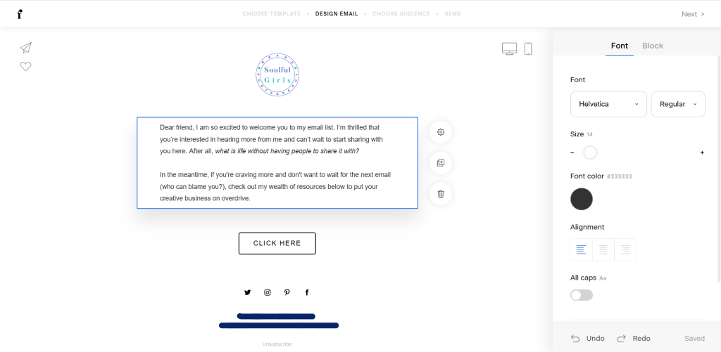 Screenshot of how to configure the body text.