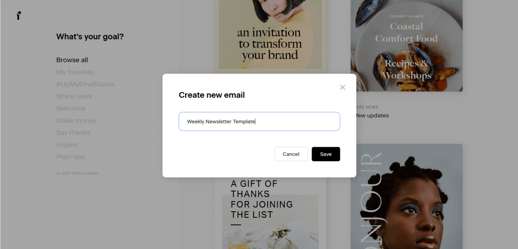 Screenshot of starting a template from scratch in Flodesk.