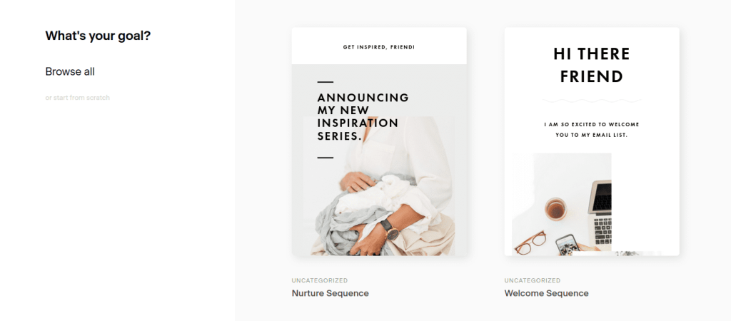 Example of welcome and nurture sequence templates available in Flodesk.