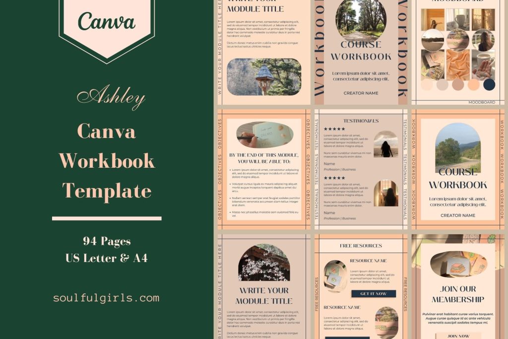 Canva workbook template Ashley. 94 pages, available in US letter and A4 size. Images of some of the templates included.