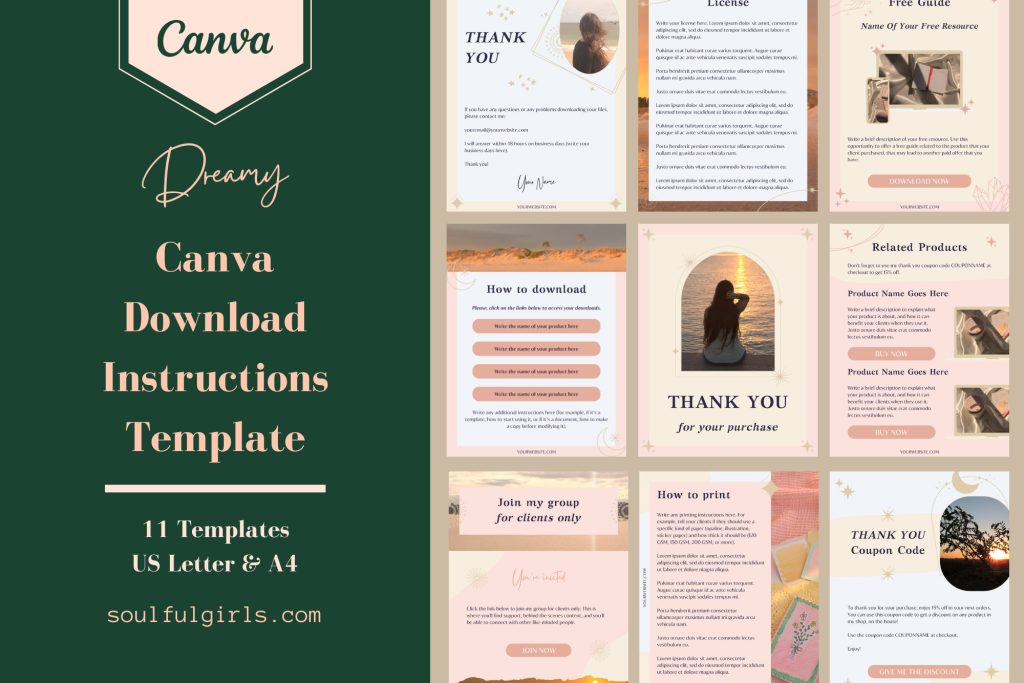 Canva Download Instructions Template - Dreamy collection. This Canva template includes 11 pages, available in US letter and A4 size.
