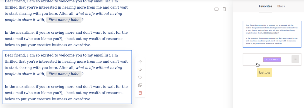 Screenshot of selecting a favorite block.