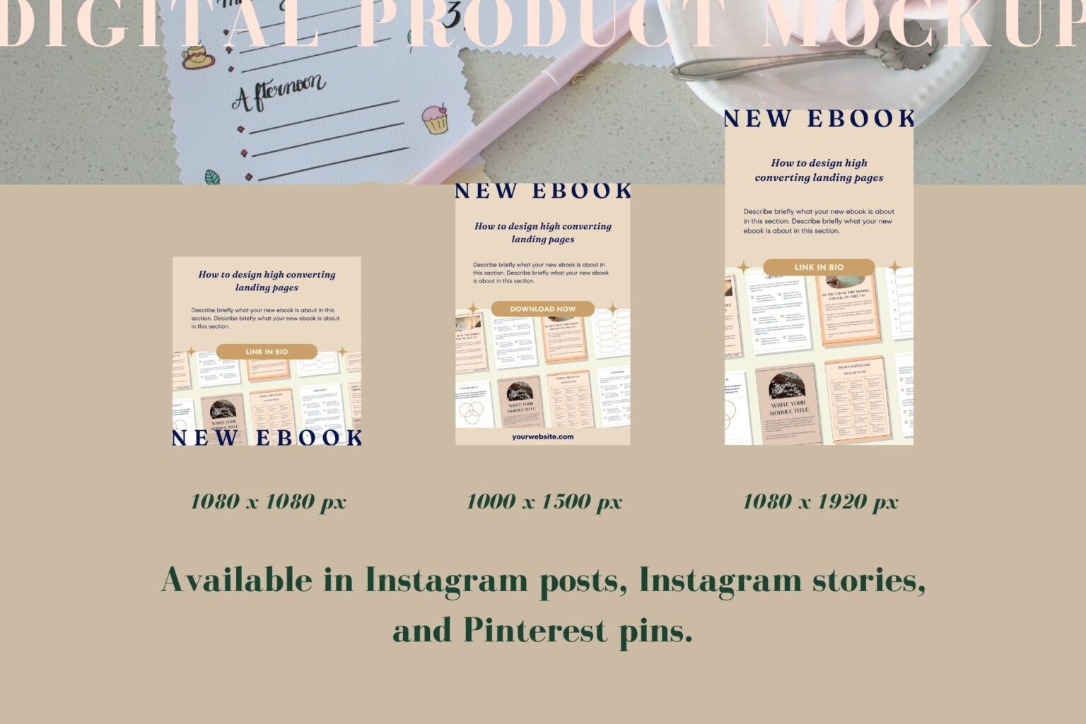 Example of a template from this digital product mockup template in 1080 x 1080 px (Instagram posts), 1080 x 1920 px (Instagram stories), and 1000 x 1500 px (Pinterest pins).