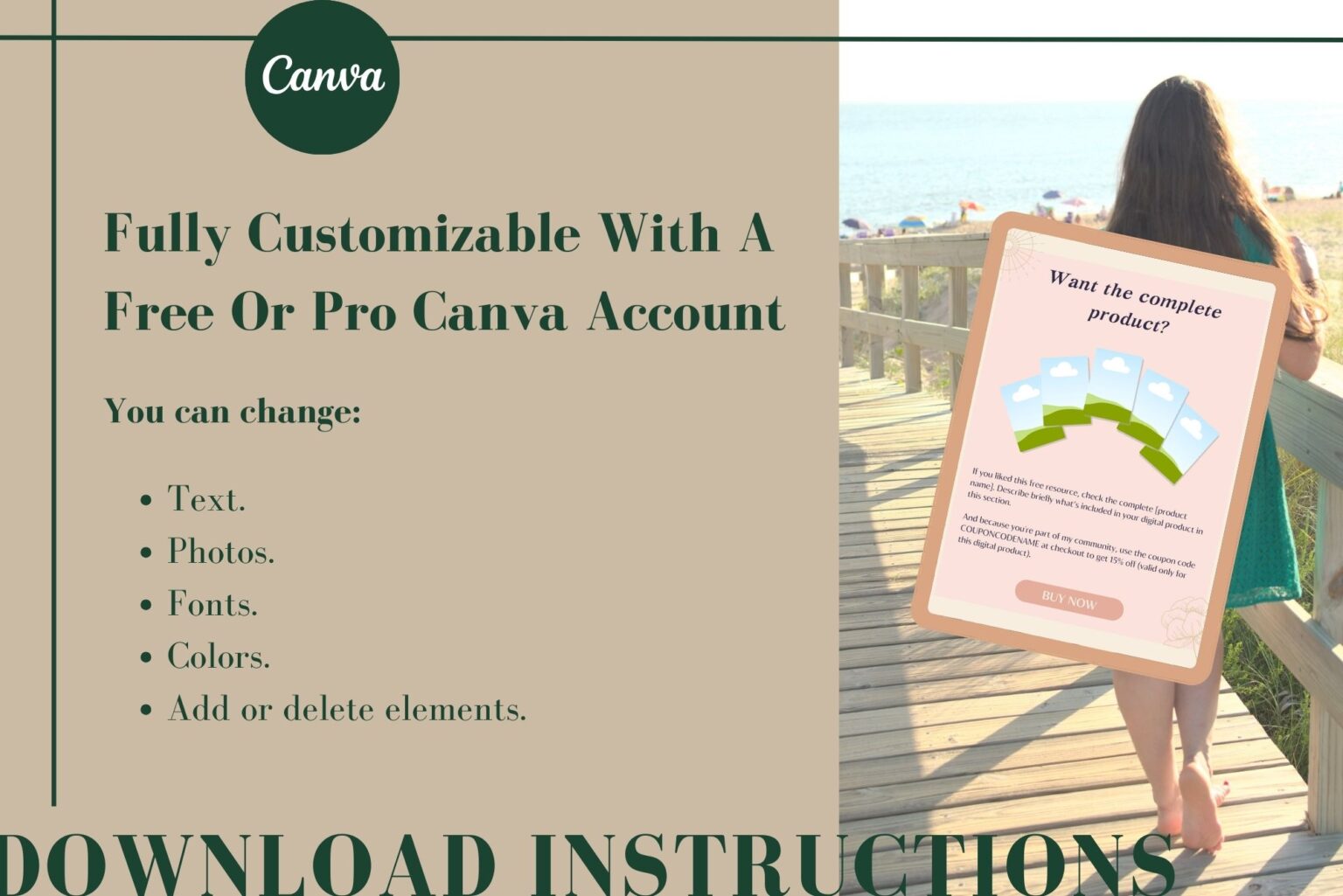 Fully customizable with a free or Pro Canva account. You can change text, photos, fonts, colors, and add or delete elements. Image of one of the templates included.
