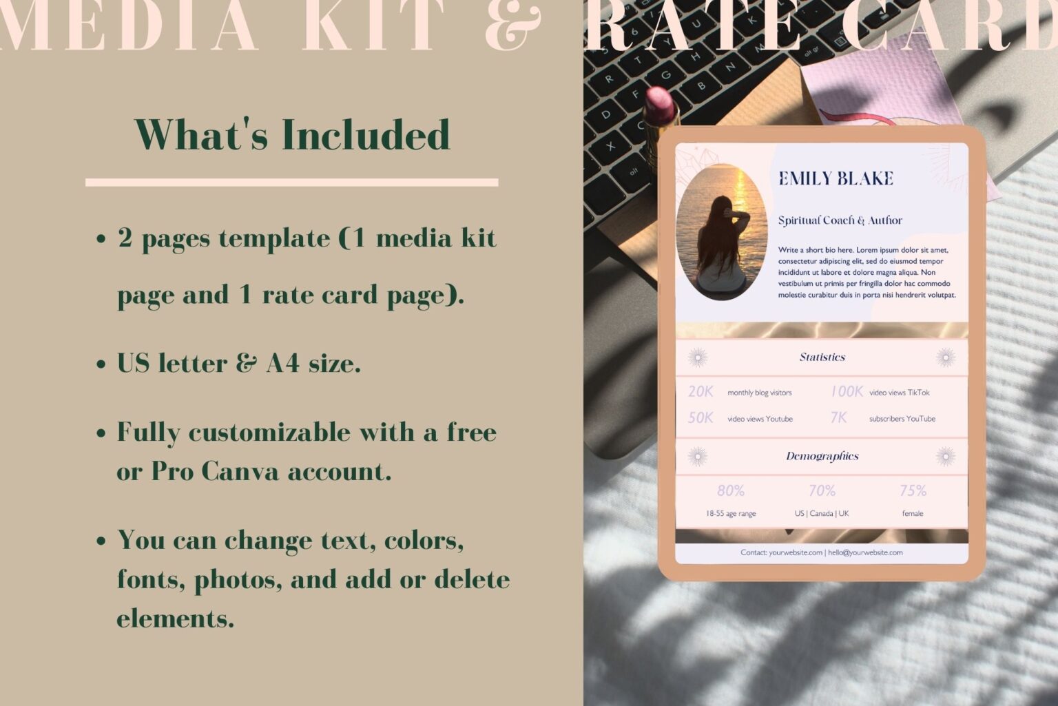 This media kit and rate card template for Canva includes one media kit page and one rate card page, available in US letter and A4 size. Fully customizable with a free or Pro Canva account. You can change text, photos, fonts, colors, and add or delete elements. Example of the media kit template.