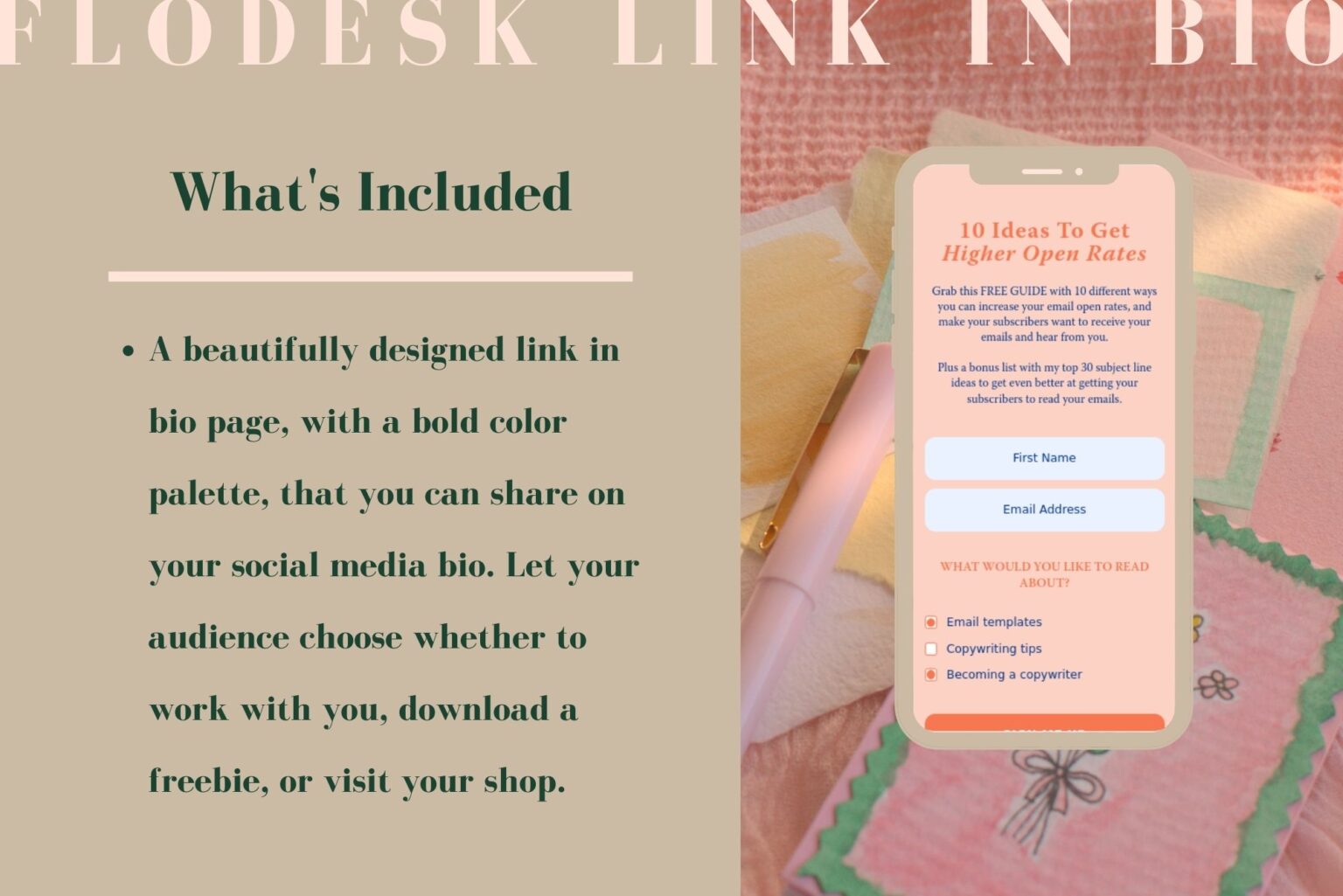 This Flodesk template includes a link in bio page that you can share on your social media bio. Mobile mockup of the Flodesk link in bio template from our Bold Collection.