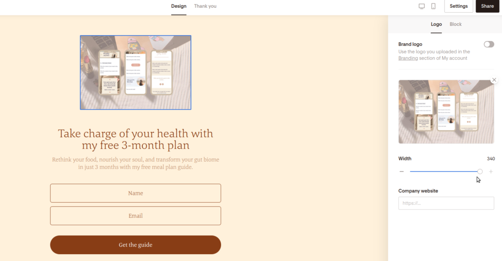 Screenshot of changing the image at the top of the link in bio page in Flodesk.