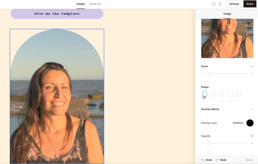 Screenshot of changing the shape of the image.