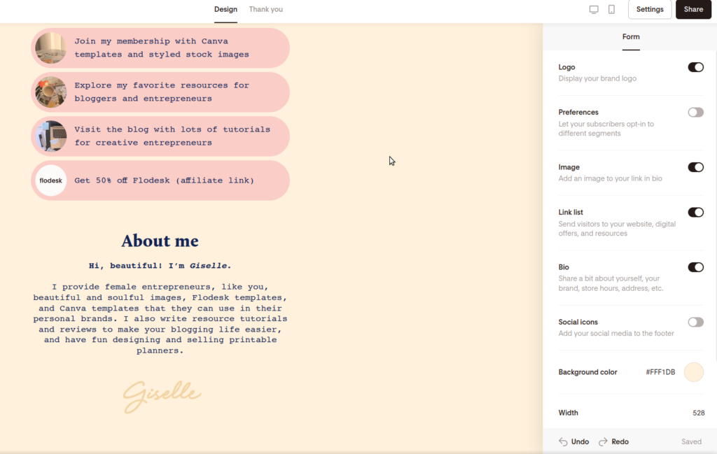 Screenshot of clicking on the blank space or canvas around the link in bio page.