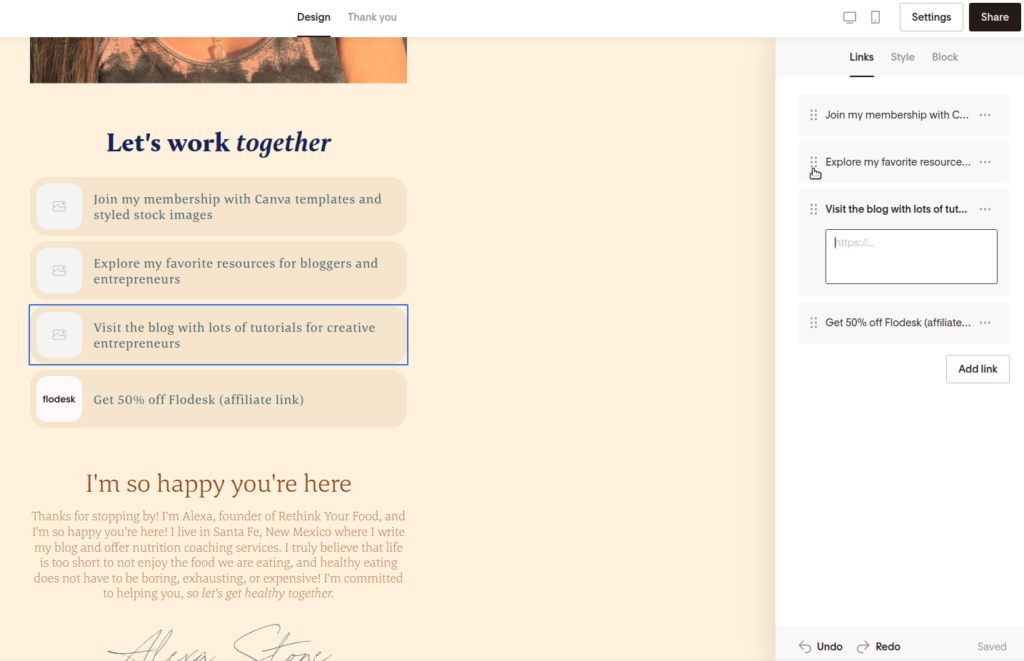 Screenshot of clicking on the six dots on the left of any link to change the order of the links.