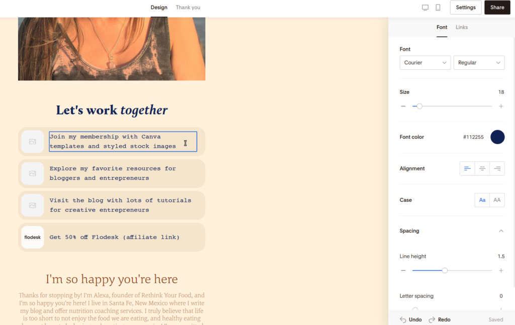 Screenshot of customizing the font of the call to action buttons.