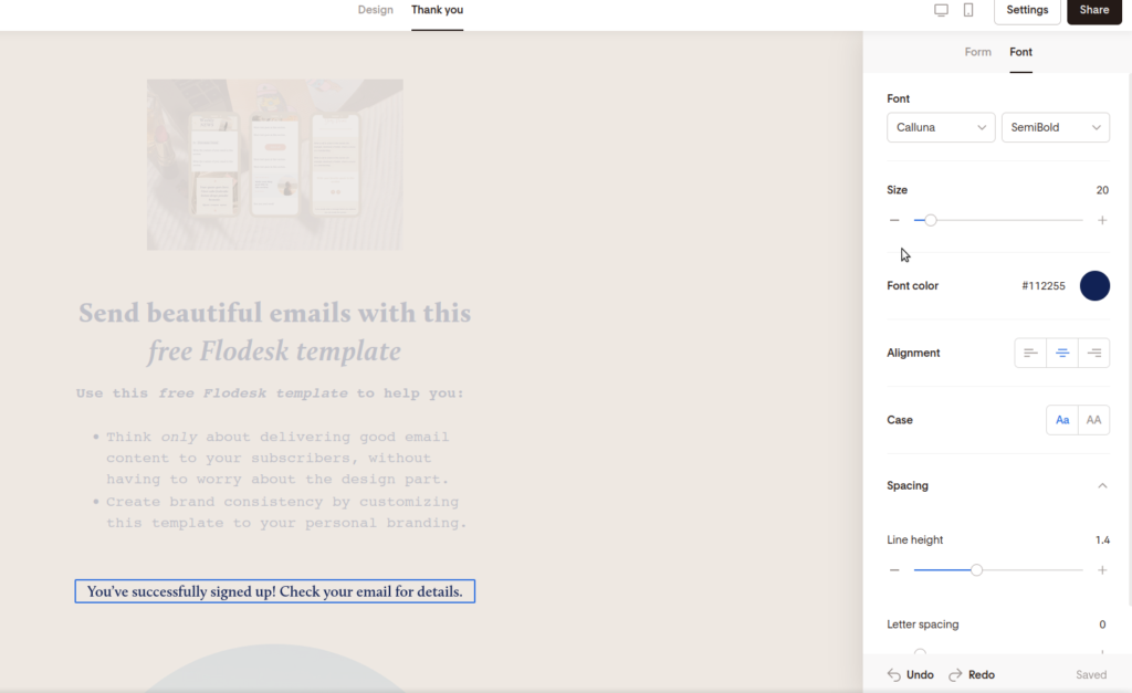 Screenshot of customizing the font of the thank you message.