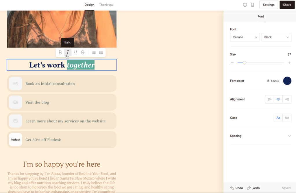 Screenshot of highlighting text to add italics.