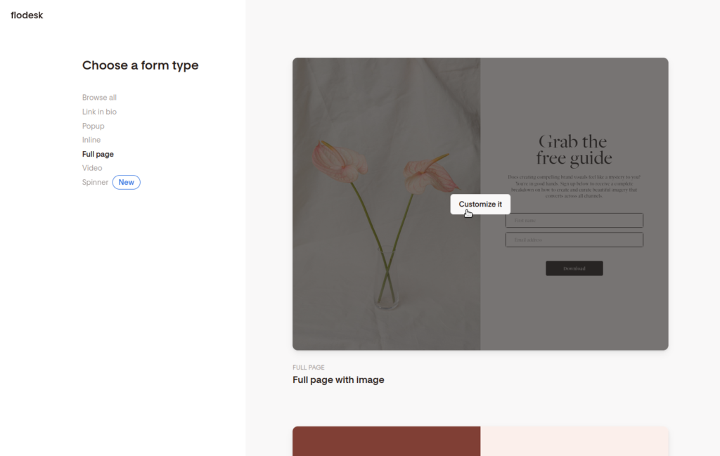 Screenshot of choosing a full page form in Flodesk.