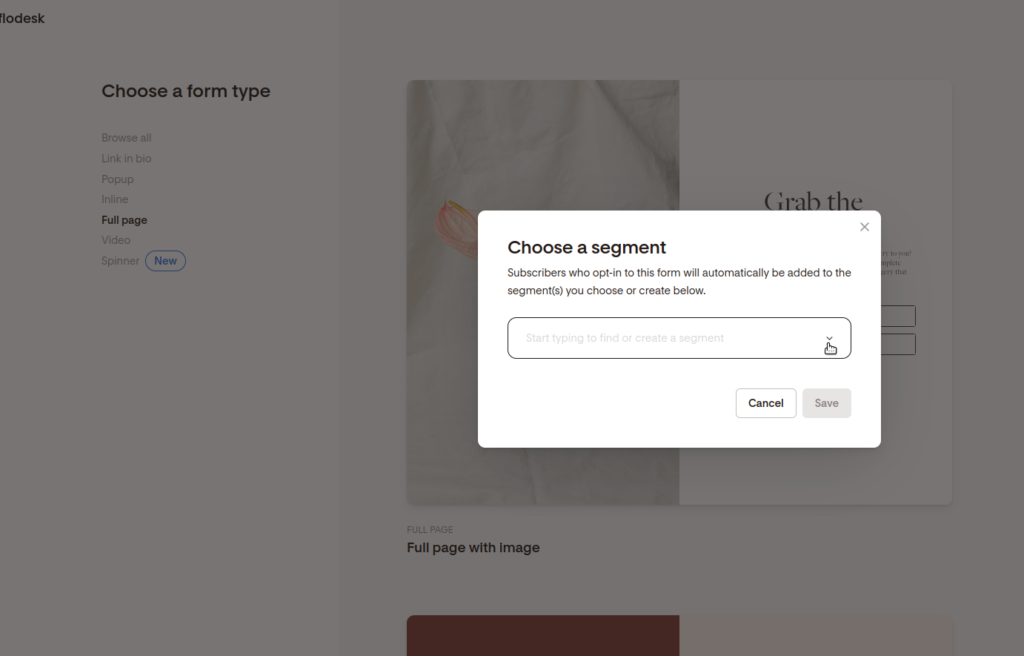 Screenshot of choosing a segment for your full page form in Flodesk.