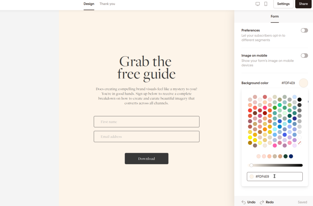 Screenshot of clicking on background color to modify the color of this full page form.