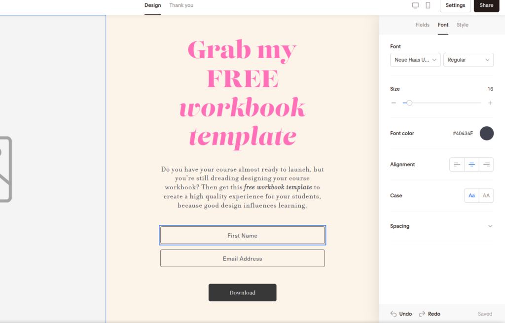 Screenshot of clicking on the font menu and modifying the font of the form.