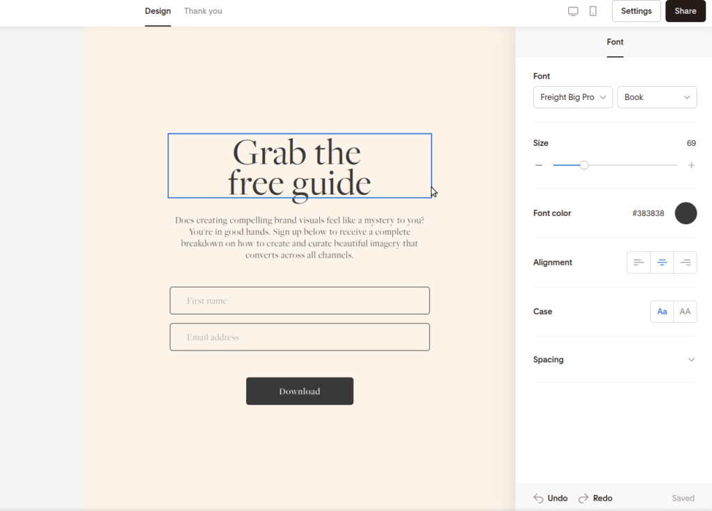 Screenshot of clicking on the title of the freebie section to modify it.