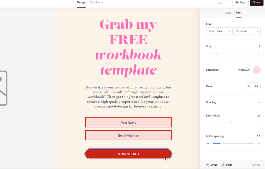Screenshot of customizing the font in the form button.