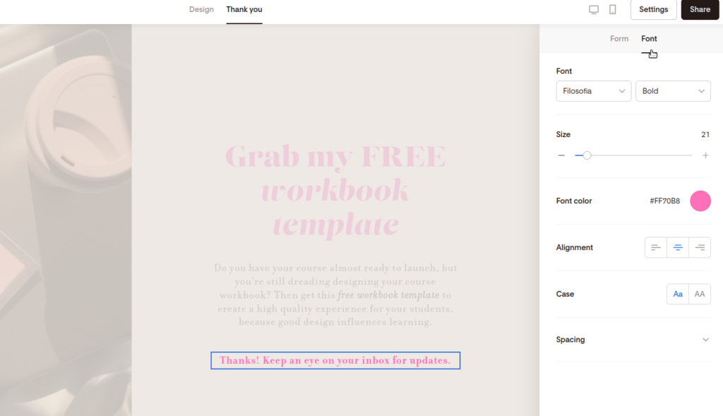 Screenshot of customizing the font of the thank you message.