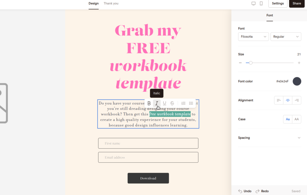 Screenshot of highlighting text to add italics or bold.
