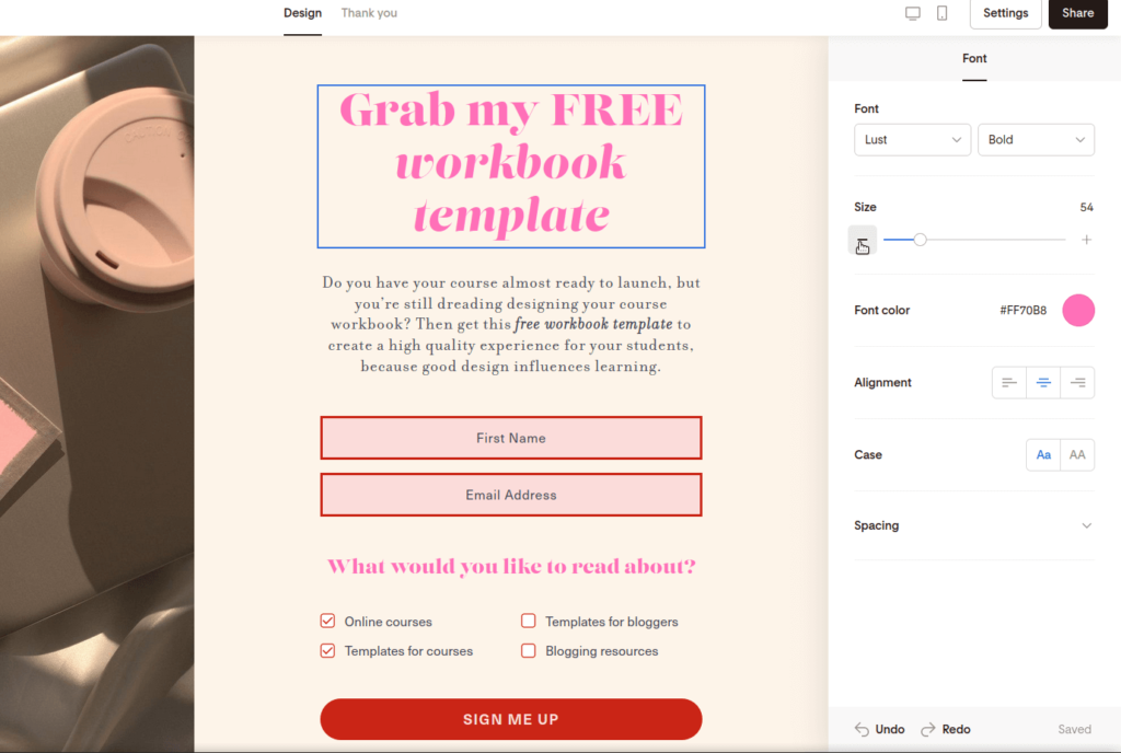 Screenshot of reducing the font size of the title after previewing the form on desktop.