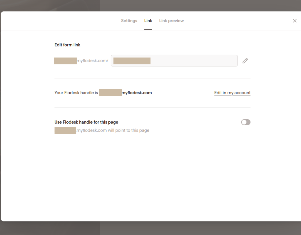 Screenshot of the links menu in the page Settings.
