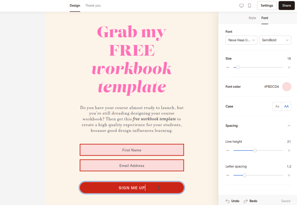 Screenshot of writing your custom text in the form button.