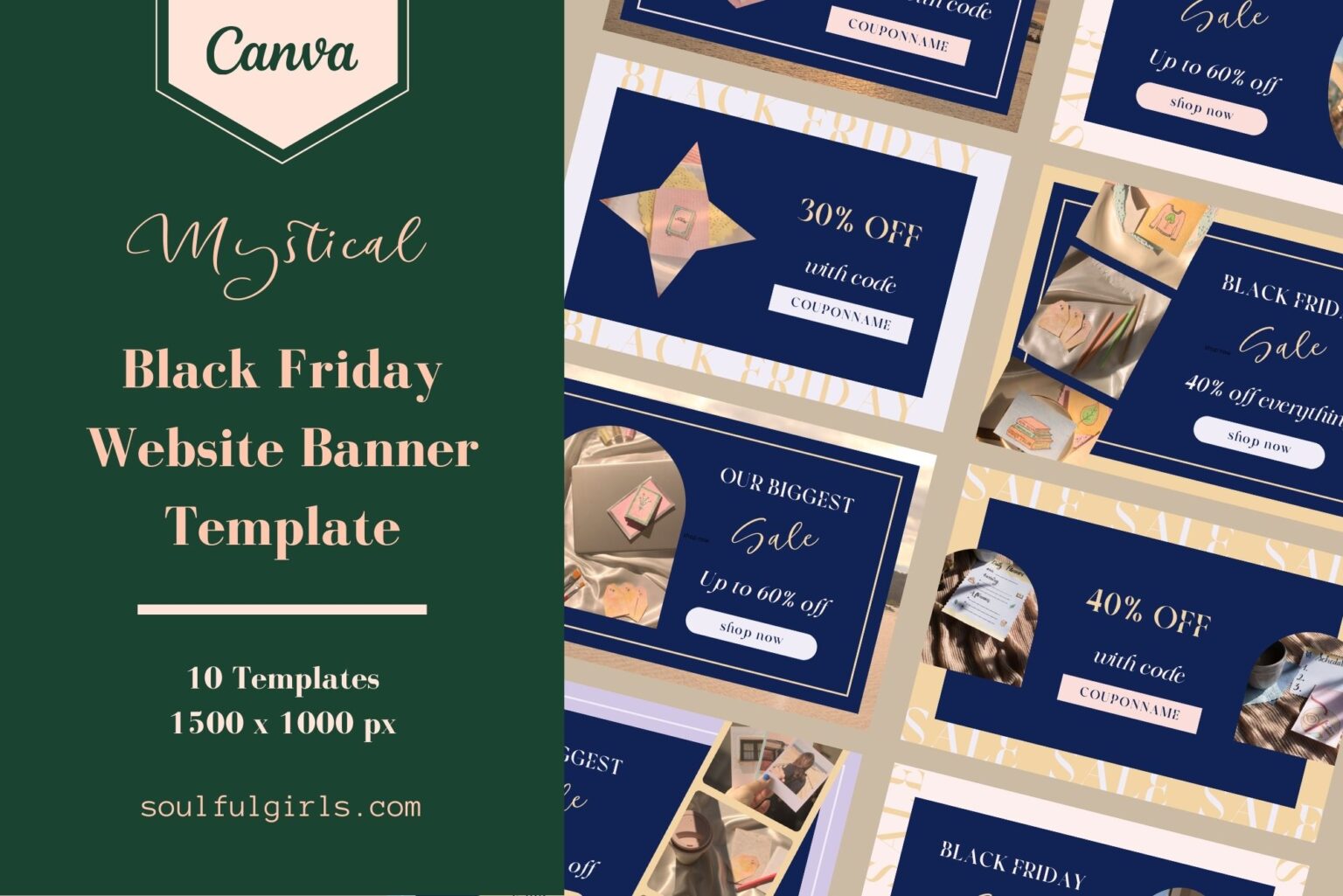 Black Friday Website Banner Template - Mystical collection. This Canva template includes 10 website banner templates in 1500 x 1000 px. Example of some of the templates included.