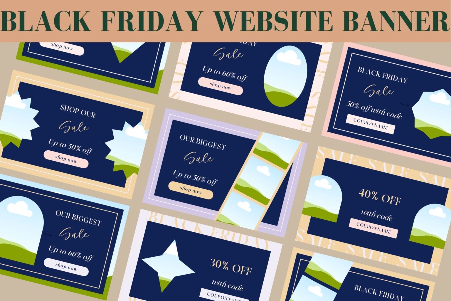 General view of the Black Friday website banner template for Canva.