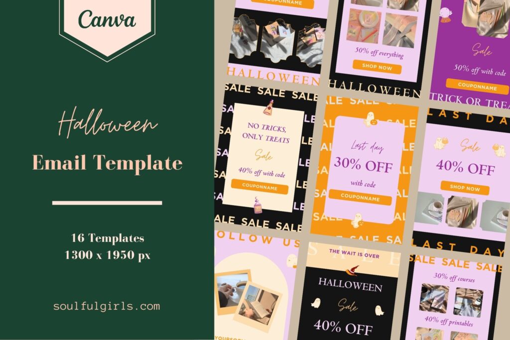 Halloween Email Template. 16 email templates in 1300 x 1950 px. Example of some of the templates included.