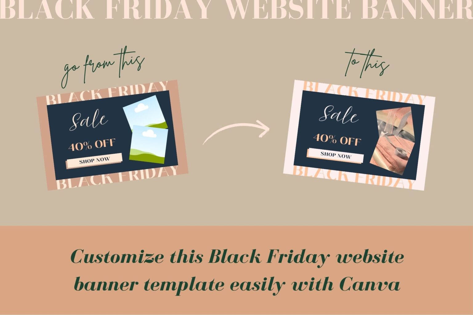 Customize this Black Friday website banner template easily with Canva. Example of a template without modifying, and the same template customized.
