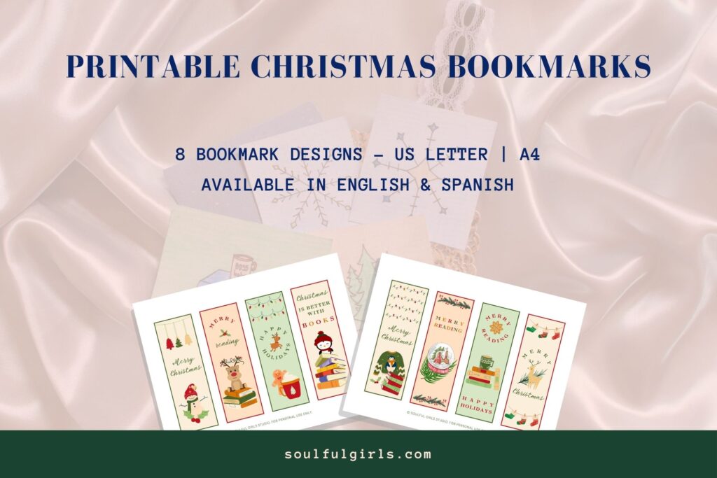 Printable Christmas Bookmarks. 8 bookmark designs. US letter and A4. Available in English and Spanish. Mockups of this printable bookmark collection.